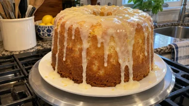 Tall lemon mile high pound cake with thick white lemon glaze dripping down the sides on a cake stand in a home kitchen