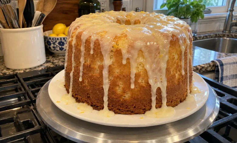 Tall lemon mile high pound cake with thick white lemon glaze dripping down the sides on a cake stand in a home kitchen