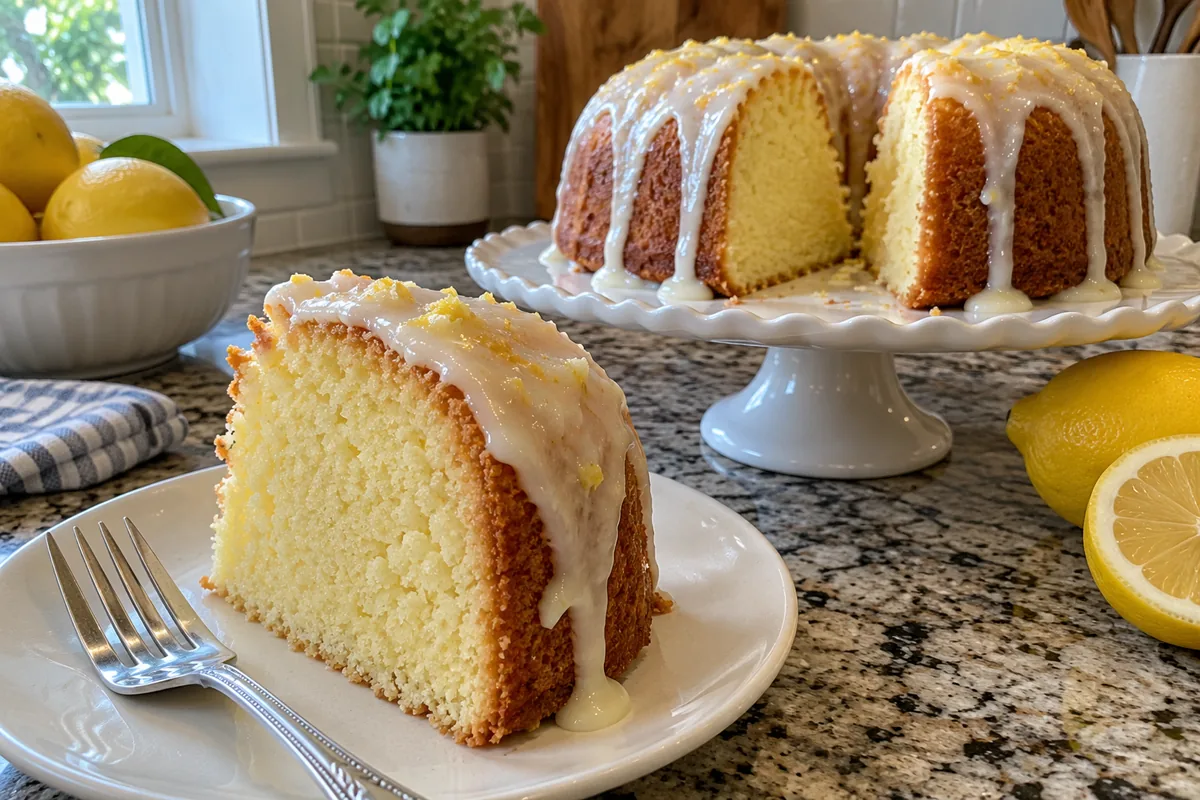 Thick slice of lemon pound cake on a plate showing a moist yellow crumb with glaze, whole cake behind