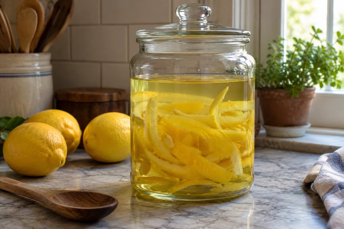 Large glass jar of lemon peels steeping in clear spirit on a kitchen counter to make limoncello