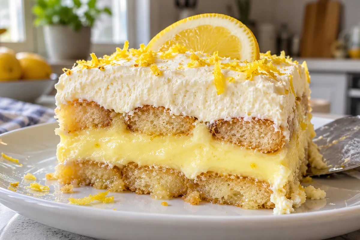 Close-up cross-section of lemon tiramisu showing ladyfinger sponge, white mascarpone cream and yellow lemon cream layers