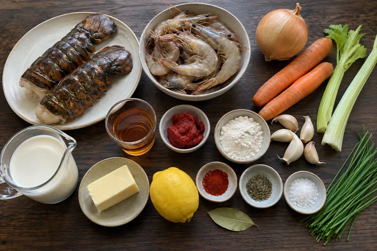 Ingredients for lobster and shrimp bisque: lobster tails, shrimp, vegetables, tomato paste, sherry, cream and seasonings