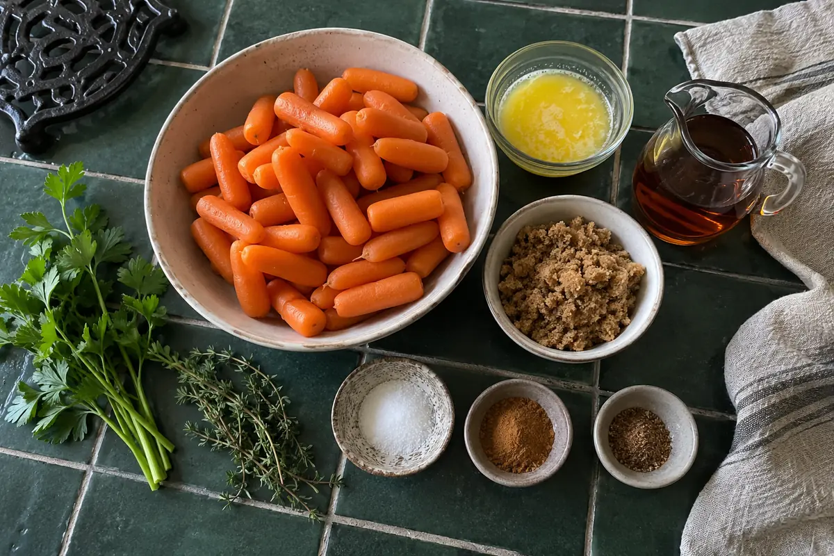 Ingredients for slow cooker maple brown sugar glazed carrots: baby carrots, butter, brown sugar, maple syrup, salt, cinnamon, nutmeg and fresh herbs