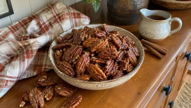 Maple vanilla candied pecans with a glossy cinnamon coating in a bowl
