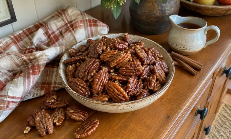 Maple vanilla candied pecans with a glossy cinnamon coating in a bowl