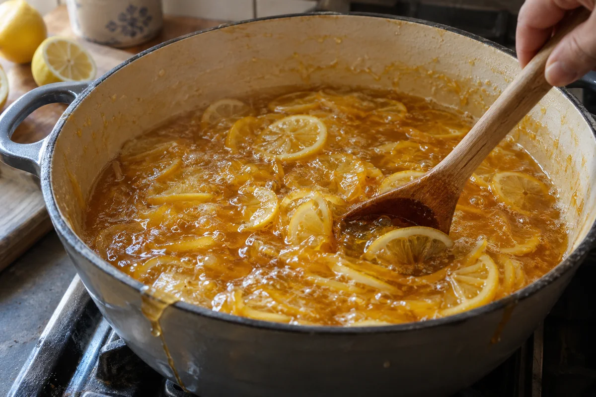 Lemon honey marmalade simmering in a pot and stirred with a wooden spoon