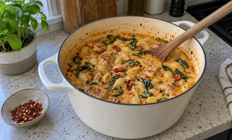 White Dutch oven full of creamy marry me chicken soup with chicken, small shell pasta, spinach and sun-dried tomatoes, with red pepper flakes on the side