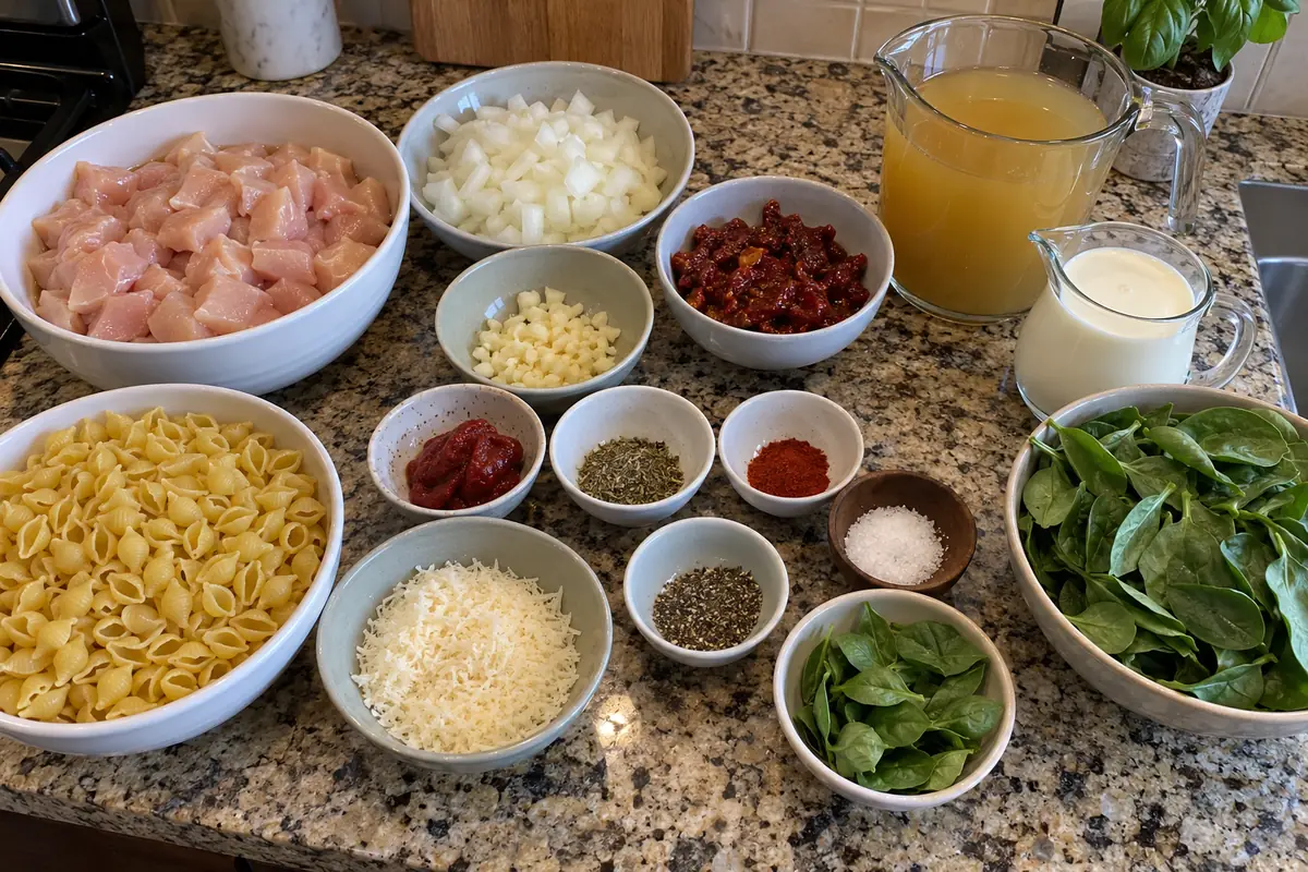 Ingredients for marry me chicken soup: diced chicken, onion, garlic, sun-dried tomatoes, tomato paste, spices, broth, cream, Parmesan, spinach, small shell pasta and basil