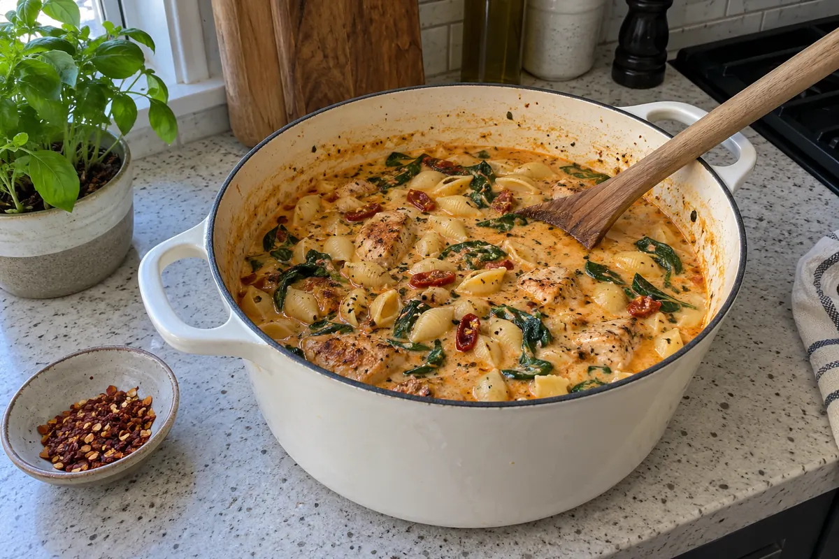 White Dutch oven full of creamy marry me chicken soup with chicken, small shell pasta, spinach and sun-dried tomatoes, with red pepper flakes on the side