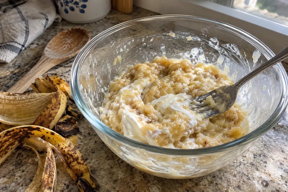 Mashing ripe bananas with sour cream in a mixing bowl with a fork