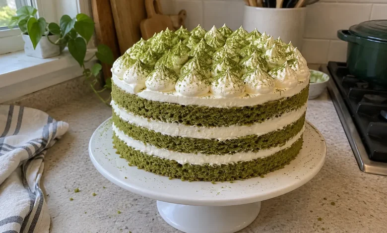 Whole matcha layer cake on a cake stand with naked green and white layers and matcha-dusted whipped cream kisses