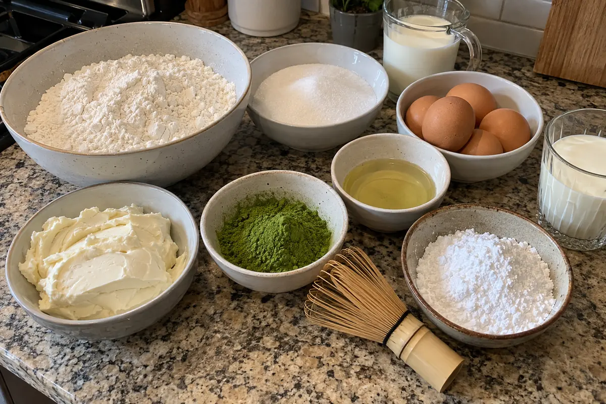 Ingredients for matcha layer cake in plain unlabeled bowls with matcha powder and a bamboo whisk