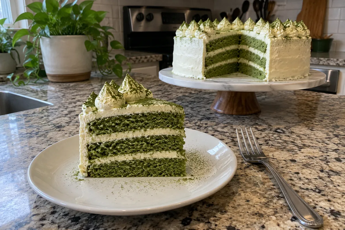 Slice of matcha layer cake on a plate showing green sponge and white whipped cream layers