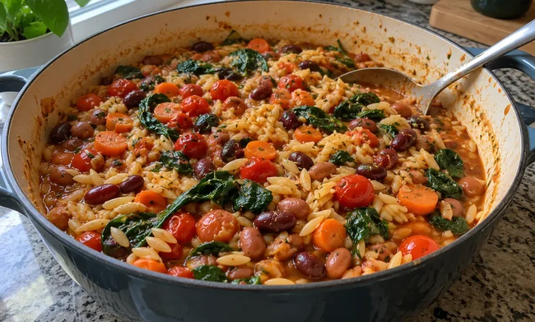 One-pot Mediterranean orzo and beans in a wide pan with a spoon on a home kitchen counter