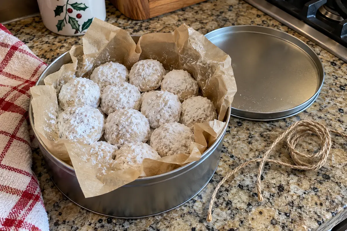 Mexican wedding cookies packed in a parchment-lined tin as a holiday cookie gift