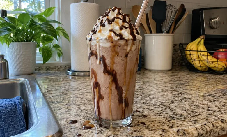 Tall glass of mocha frappe with chocolate and caramel drizzle inside the glass, topped with whipped cream and chocolate sauce