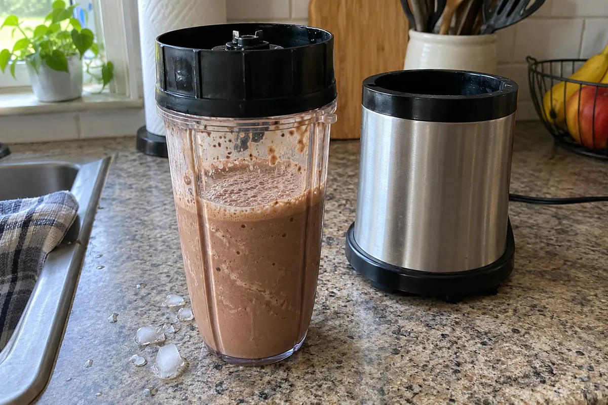 Freshly blended frothy mocha frappe in a personal blender cup next to the blender base