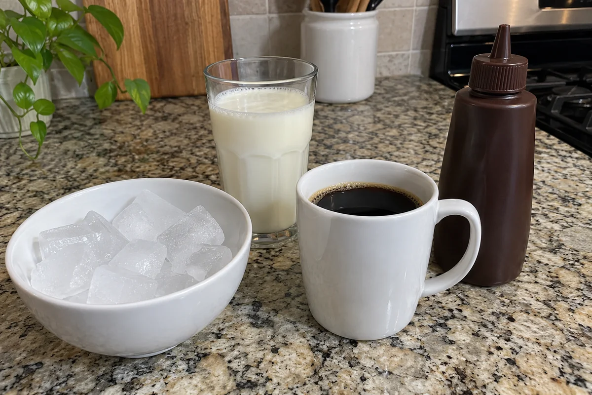 Ingredients for mocha frappe: a bowl of ice, a glass of milk, a mug of brewed coffee and a bottle of chocolate syrup