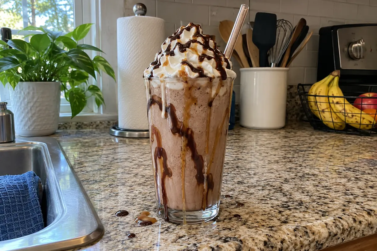 Tall glass of mocha frappe with chocolate and caramel drizzle inside the glass, topped with whipped cream and chocolate sauce