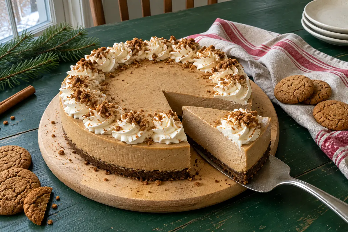 No bake gingerbread cheesecake with whipped cream swirls and gingersnap crumbs on a cake board