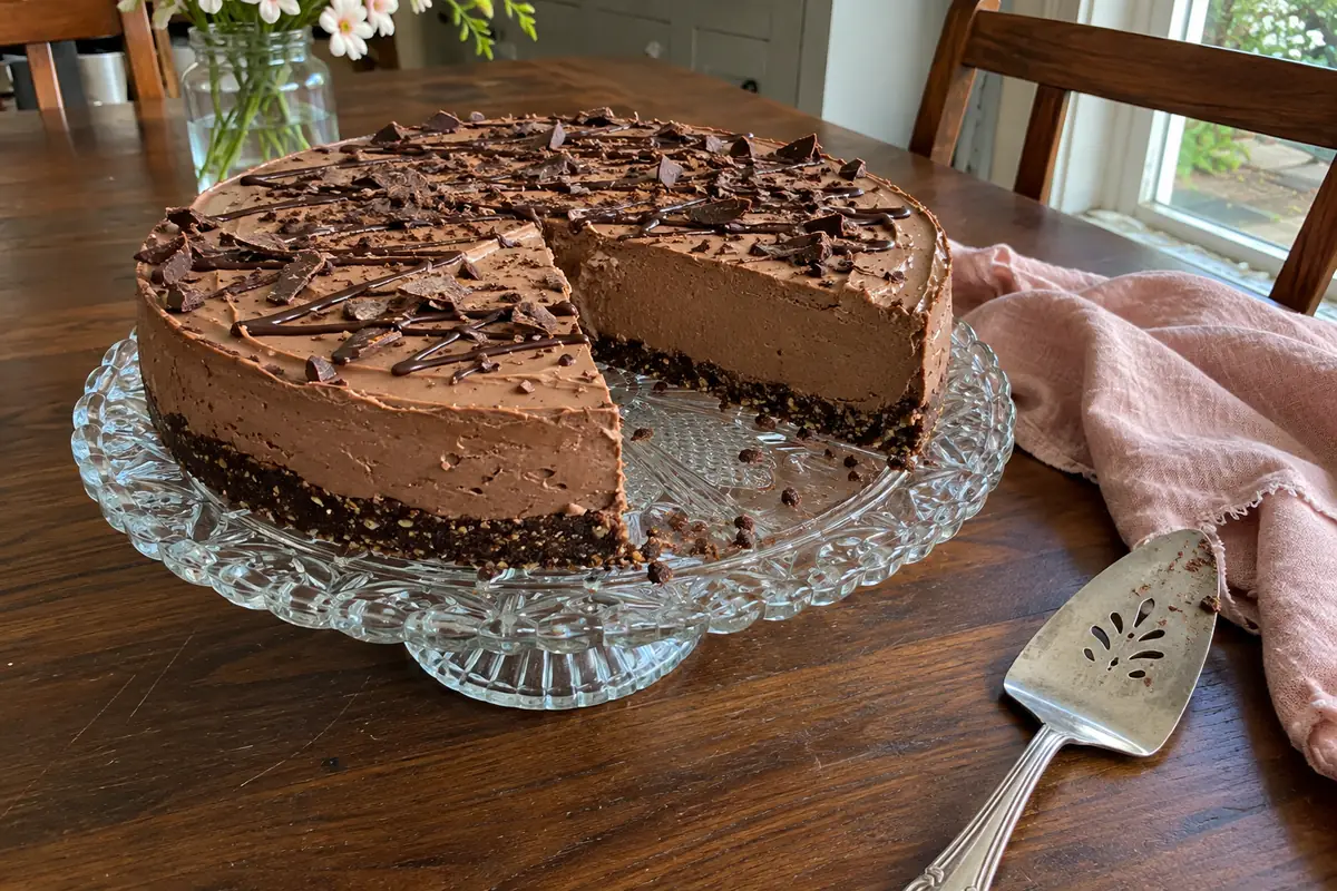 No-bake keto chocolate cheesecake with a chocolate drizzle and shavings on a vintage cake stand on a dark walnut table
