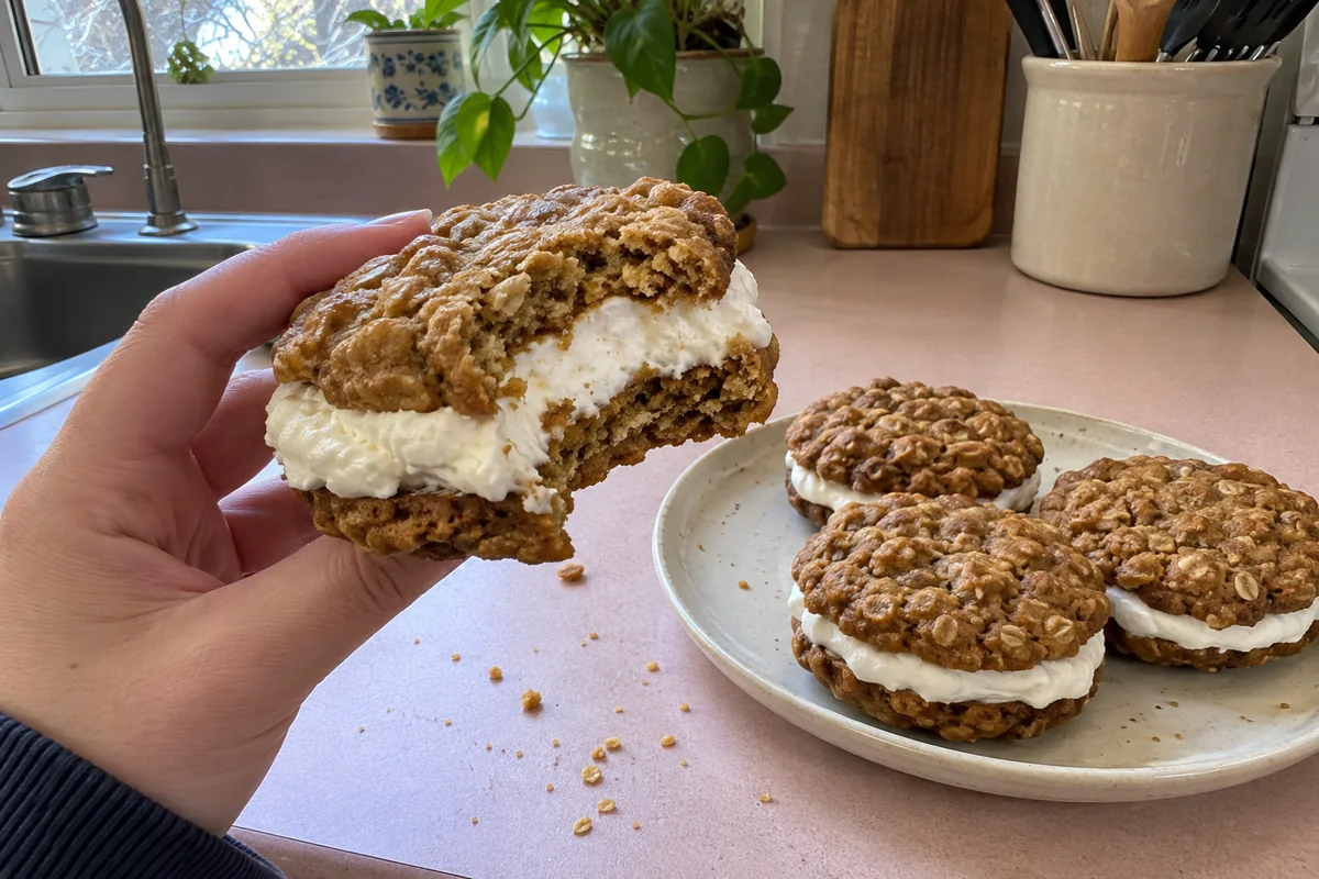 A homemade oatmeal cream pie with a bite taken out showing the fluffy cream filling
