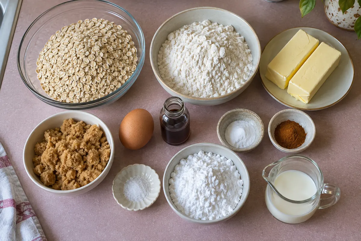 Ingredients for oatmeal cream pies: quick oats, flour, butter, brown sugar, egg, vanilla, baking soda, cinnamon, powdered sugar and milk