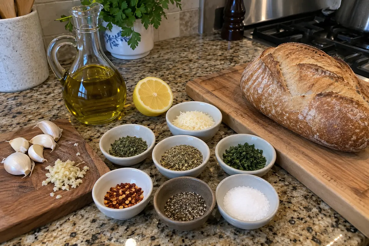 Ingredients for olive oil dip in plain small bowls with an olive oil cruet, garlic, dried herbs, chili flakes, parmesan, lemon and a crusty loaf