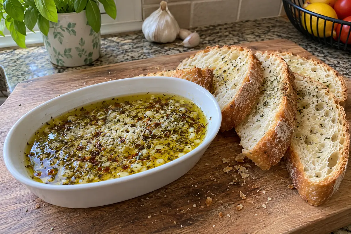 White oval dish of olive oil dip with herbs, garlic, chili flakes and parmesan beside sliced crusty bread on a wooden board