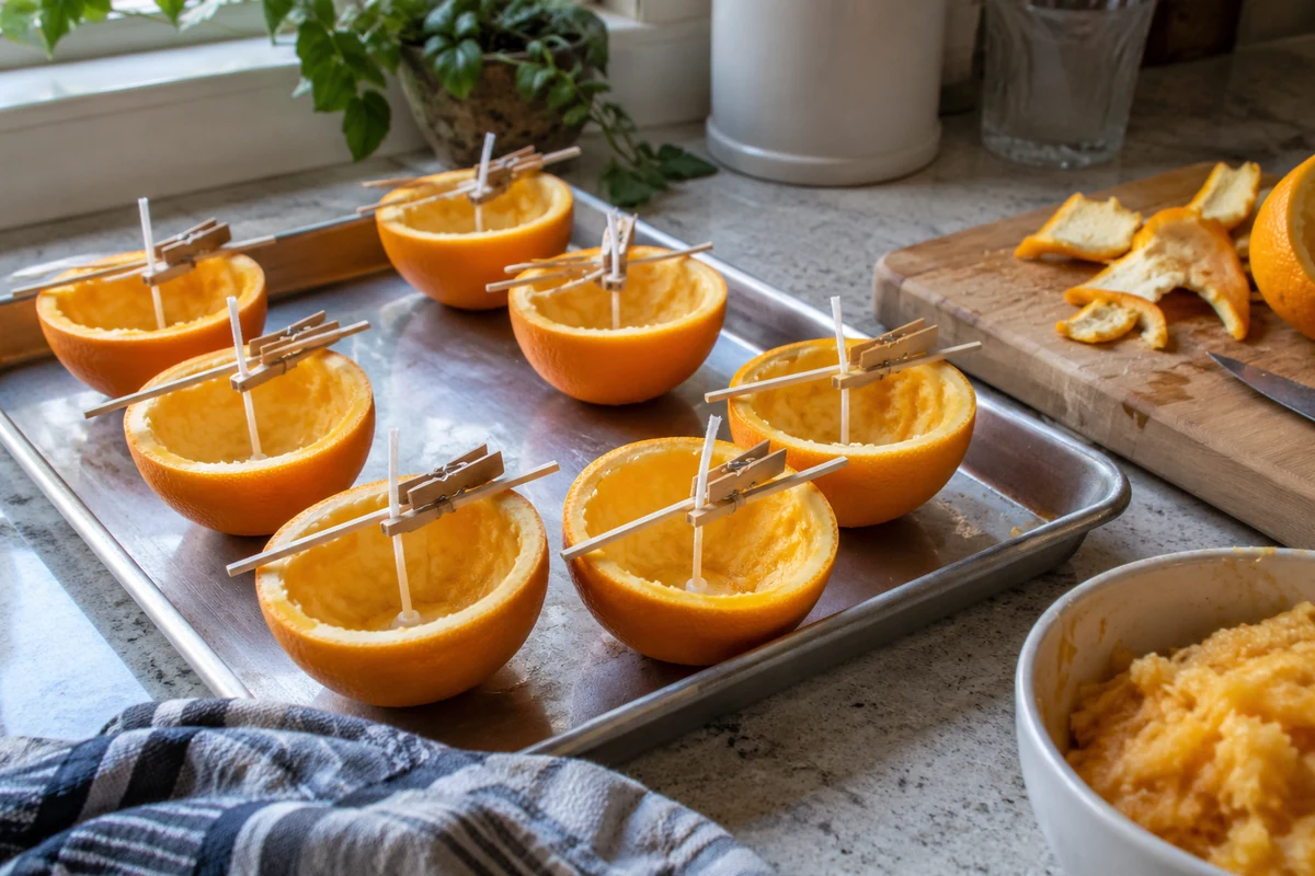 Hollowed orange halves lined up on a tray with wicks centered and held by clothespins before pouring wax