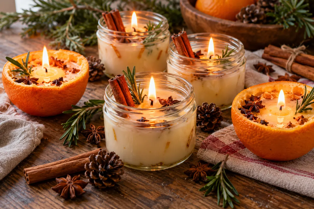Small glass jar candles and orange-half candles with cinnamon sticks, tiny pinecones, rosemary sprigs and star anise on a rustic wooden table