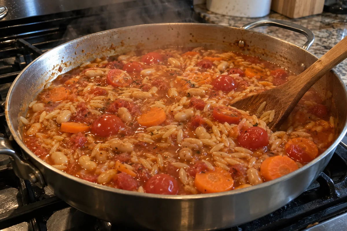 Orzo simmering with beans and carrots in broth in a wide pan before spinach is added