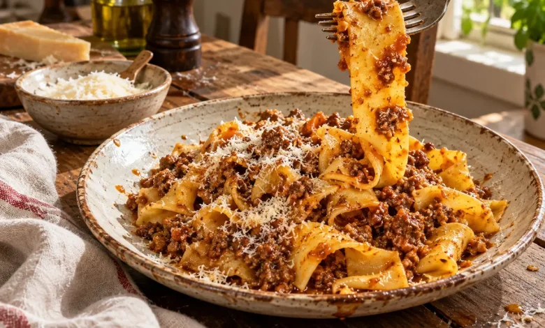 Plate of pappardelle bolognese with wide egg ribbons coated in chunky meat ragù and grated Parmigiano-Reggiano on top