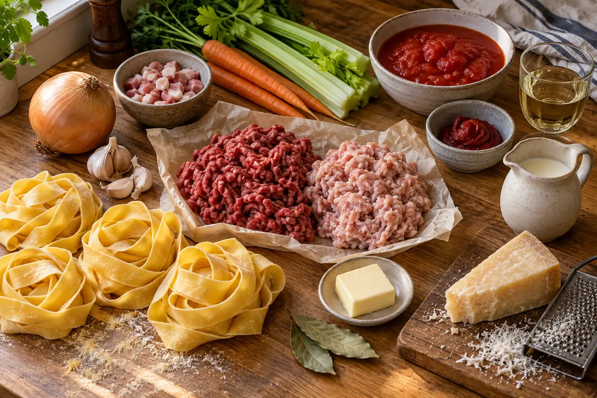 Ingredients for pappardelle bolognese laid out on a counter: pappardelle, ground beef, pork, tomatoes, carrot, onion, celery, milk and Parmigiano