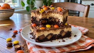 Two stacked peanut butter cheesecake brownies with a fudgy brownie base, peanut butter cheesecake layer, chocolate peanut butter topping and candy-coated peanut butter candies