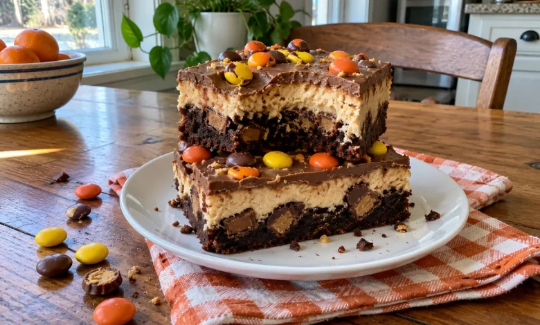 Two stacked peanut butter cheesecake brownies with a fudgy brownie base, peanut butter cheesecake layer, chocolate peanut butter topping and candy-coated peanut butter candies