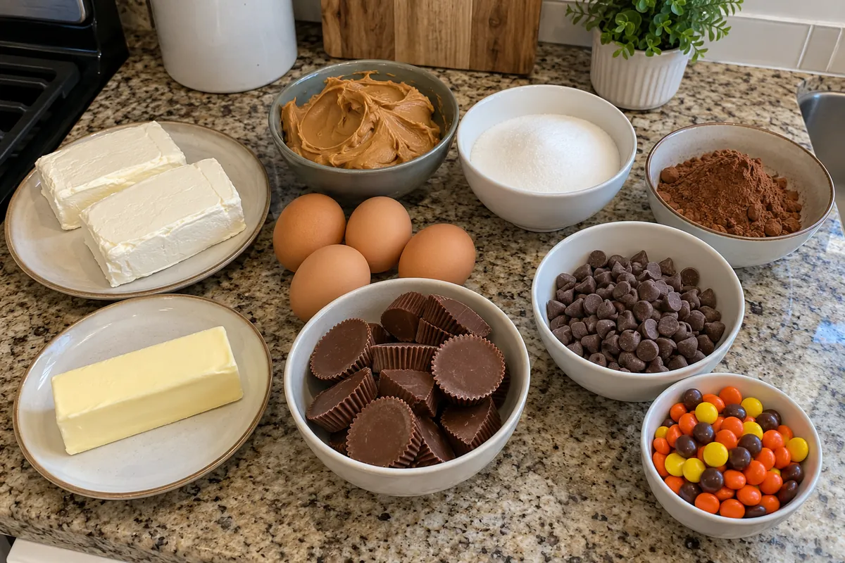 Ingredients for peanut butter cheesecake brownies: cream cheese, creamy peanut butter, eggs, sugar, cocoa powder, butter, peanut butter cups, milk chocolate chips and candy-coated peanut butter candies