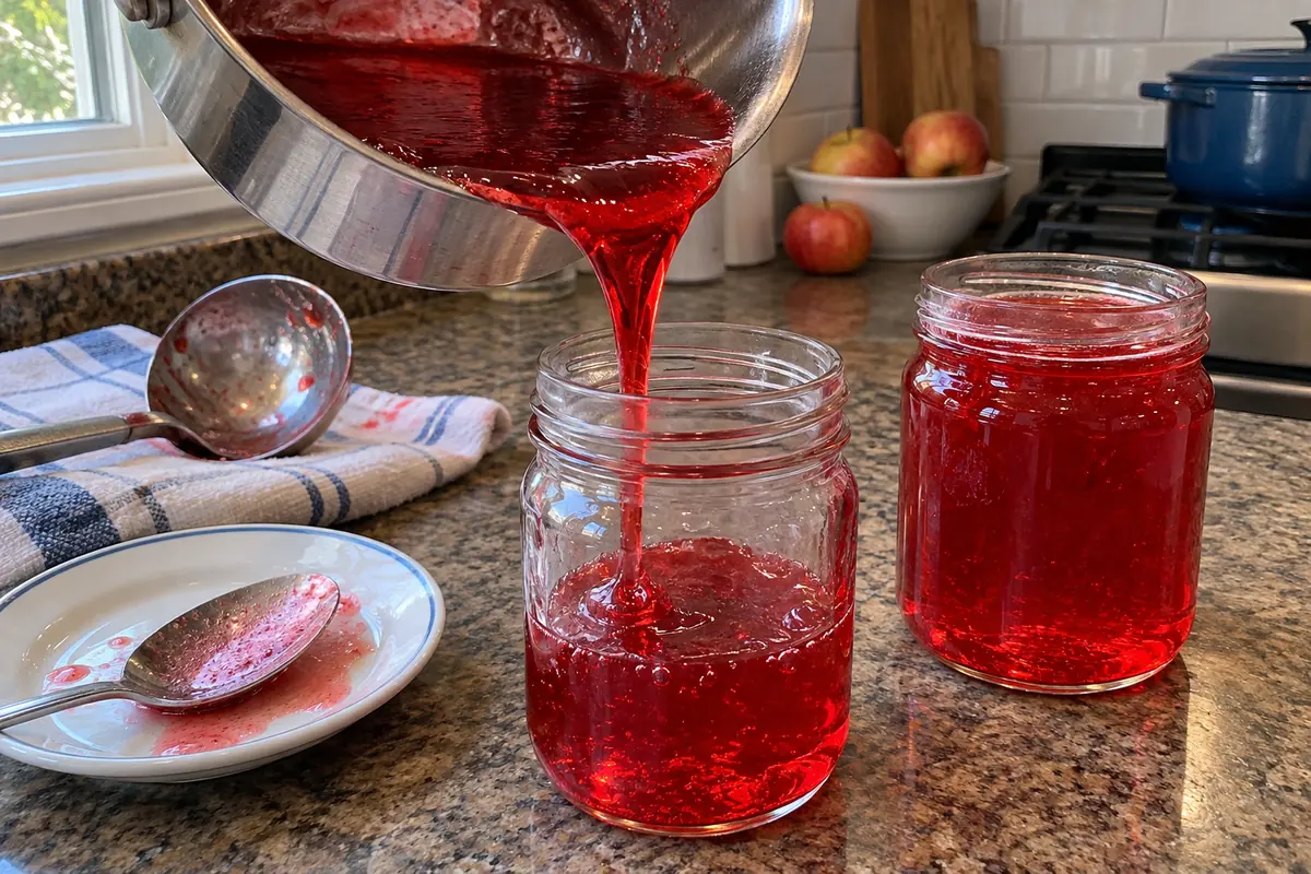 Pouring hot red candy apple jelly from a saucepan into a glass jar