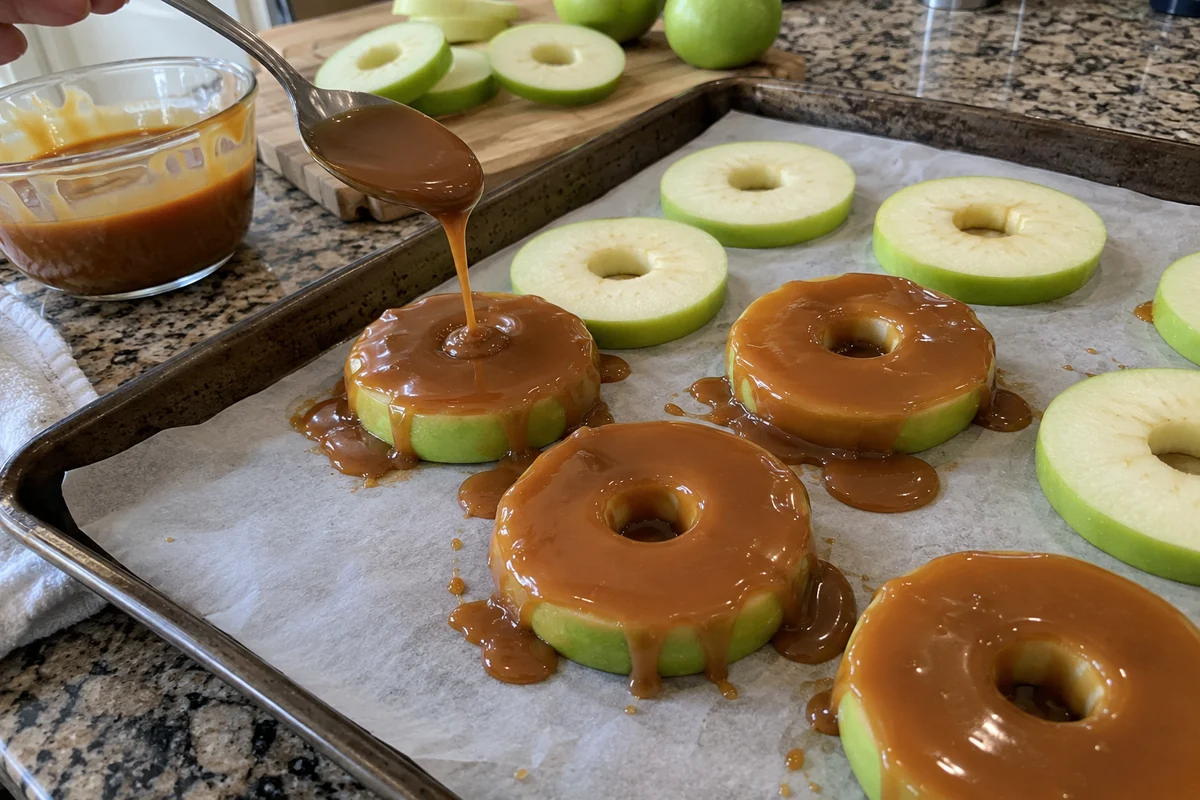 Spooning warm caramel over apple rings on a parchment-lined sheet