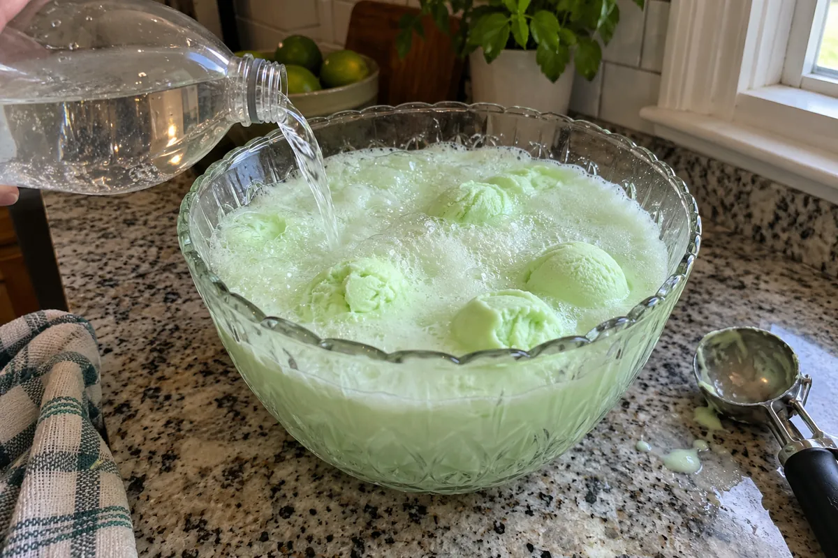 Lemon-lime soda being poured over scoops of lime sherbet in a punch bowl, with green foam forming