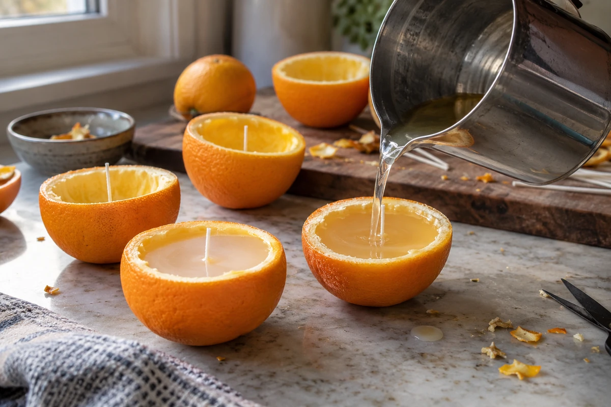 Melted pale wax being poured from a pitcher into a hollowed orange half with a centered wick