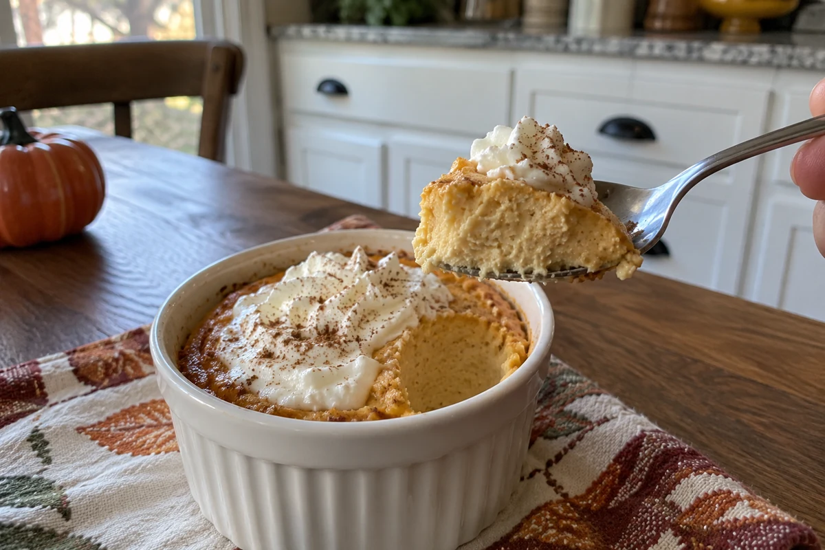 A forkful of pumpkin cheesecake lifted from a ramekin showing the creamy texture