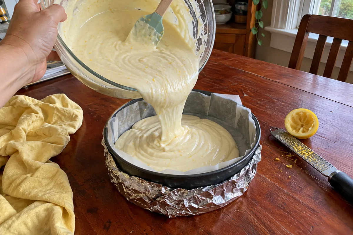Pouring ricotta cheesecake batter into a springform pan