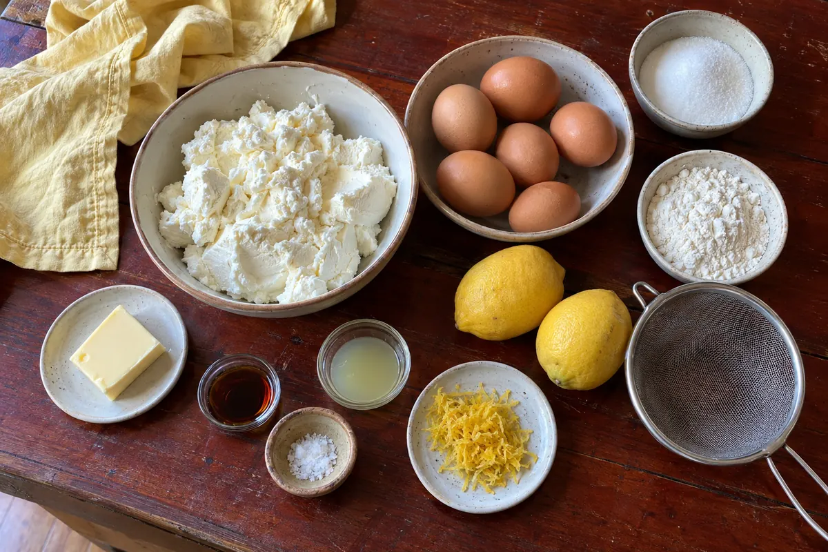 Ingredients for Italian ricotta cheesecake: ricotta, eggs, white sugar, flour, lemons, vanilla and salt