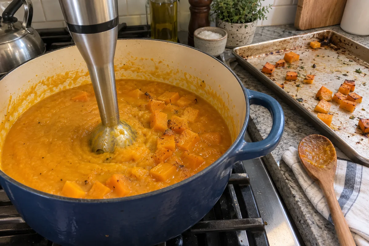 Blending roasted butternut squash soup in a pot on the stove
