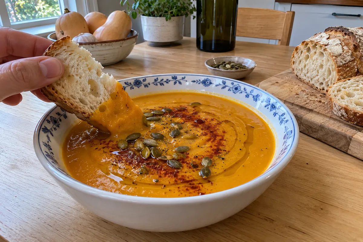 Slice of crusty bread dipped into creamy roasted butternut squash soup