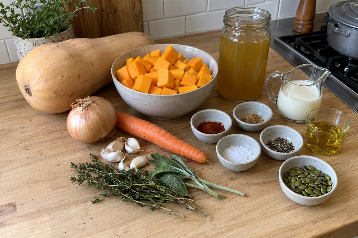 Ingredients for roasted butternut squash soup with squash, onion, carrot, garlic, fresh herbs, spices, broth and cream