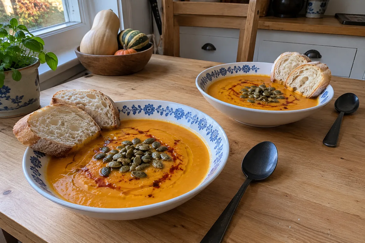 Bowl of roasted butternut squash soup with olive oil, smoked paprika, pumpkin seeds and crusty bread on a wood table
