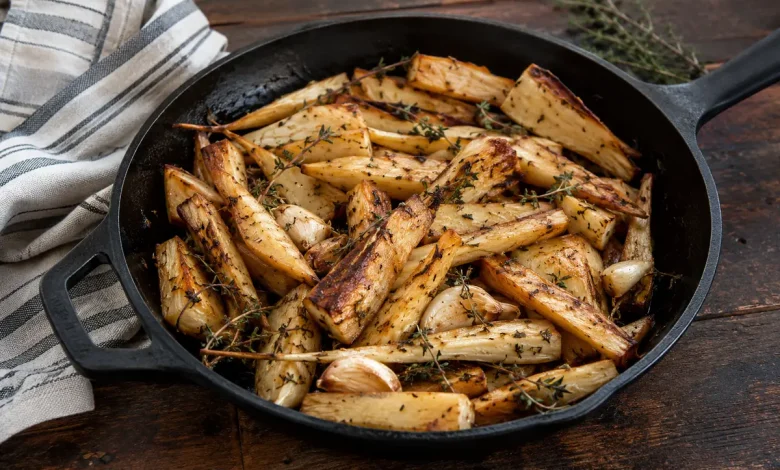 Peeled sliced thistle roots roasting in a cast-iron skillet with olive oil, garlic and thyme