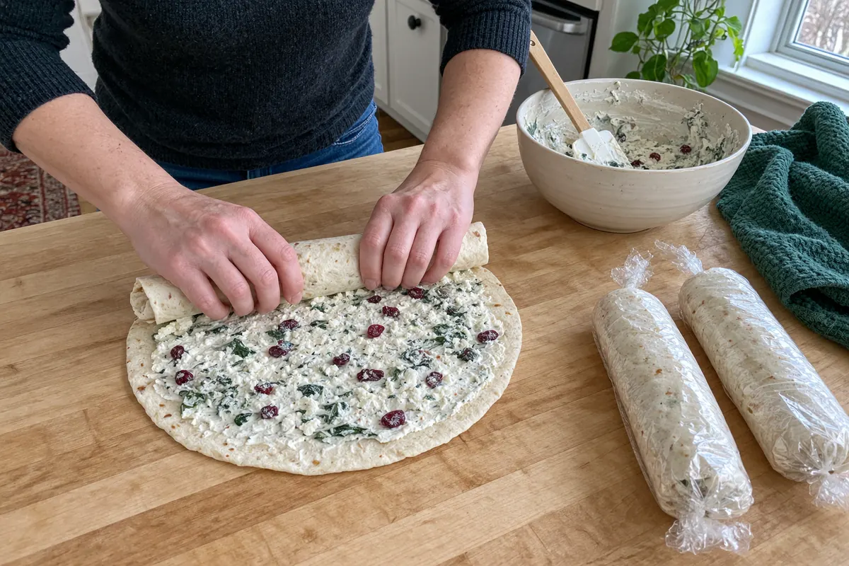 Rolling a flour tortilla spread with cream cheese, feta, cranberry and spinach filling